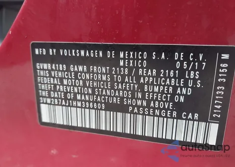 2017 Volkswagen Jetta 1.4T S z USA, uszkodzony, nr VIN 3VW2B7AJ1HM396609